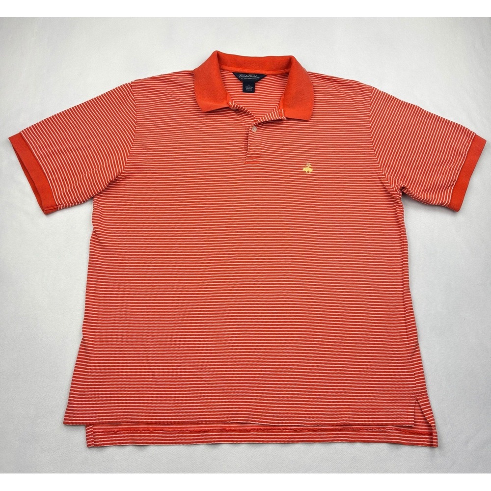 Brooks Brothers Polo Shirt Mens Large Orange White Striped Pique Golden Fleece